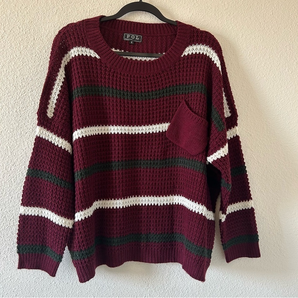 POL Women’s Knit Sweater Medium Burgundy Drop Shoulder Oversized Cozy Fall